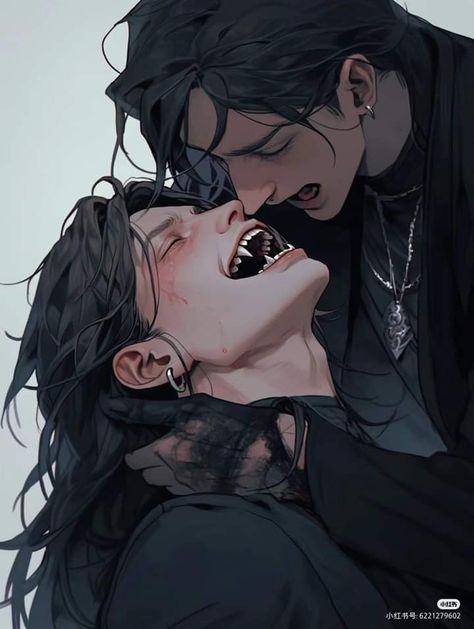 Vampire Lovers Art, Vampire Feeding Art, Male Vampire Reference, Fangs Drawing References, Goth Pfp Male, Biting Pose Reference, Vampire Bite Reference, Monster And Human Couple, Toxic Couple Art