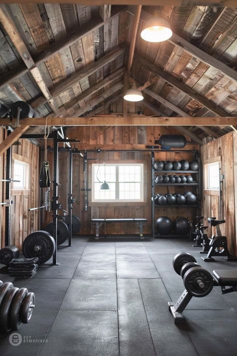 Shed Gym Backyard, Gym Shed Backyard, Farm Equipment Decor, Gym Shed Ideas, Barn Gym Ideas, Shed Home Gym, Home Gym Building, Exercise Room Ideas Home, Shipping Container Gym