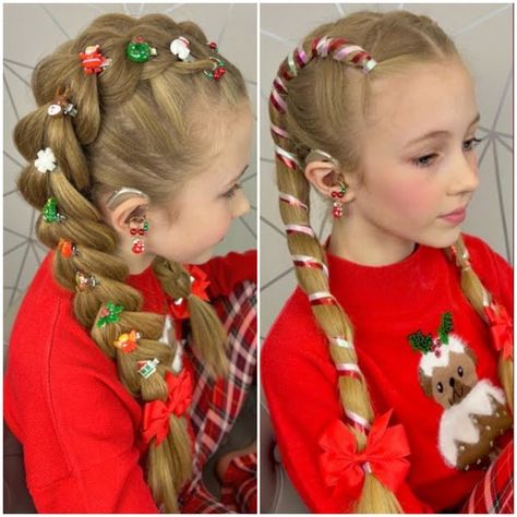 Christmas Program Hairstyles, Reindeer Hairstyles For Kids, Christmas Hair Dos For Kids, Silly Christmas Hairstyles, Christmas Kid Hairstyles, Christmas Girls Hairstyles, Christmas Hair For Toddlers, Grinch Hairstyles Crazy Hair, Crazy Christmas Hairstyles For Boys