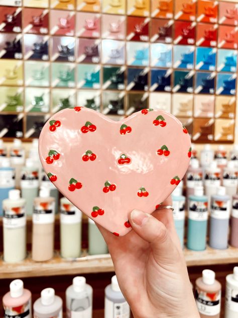 #cherries #heartbox #ceramics #pottery #colormemine #pink Cherries Pottery Painting, Heart Box Pottery Painting, Valentines Pottery Painting, Cherry Pottery Painting, Summer Pottery, Pottery Painting Ideas Easy, Romanticise Life, Diy Pottery Painting, Pottery Inspo