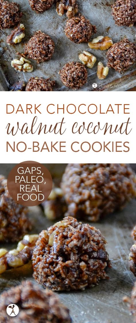 Dark Chocolate Walnut Coconut No-Bake Cookies :: paleo, GAPS-friendly Coconut No Bake Cookies, Thm Cookies, Walnut Dessert, Homemade Cocoa, Cookies Coconut, Coconut Dessert, Paleo Cookies, Walnut Recipes, Quick Energy