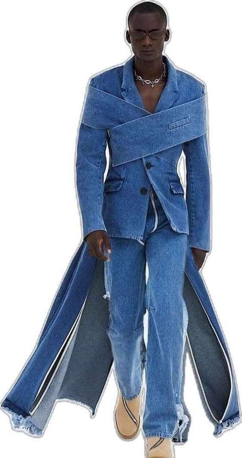 Men’s Fashion Show Outfit, High Mens Fashion, Unique Formal Outfits For Men, All Denim Outfit Men, Unique Mens Fashion, Denim Fashion Runway, Mens Fashion Design, Denim Runway, Prom Jacket