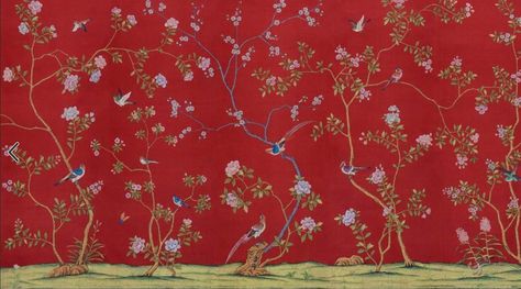 Want something similar to the hand painted silk wall covering featured in Paddington? Now you can! Head to Film and Furniture to find out more!    http://filmandfurniture.com Red Chinoiserie Wallpaper, Fromental Wallpaper, Chinoiserie Wallpaper Panels, Wallpaper Chinoiserie, Chinoiserie Panels, De Gournay Wallpaper, Red Chinoiserie, Handmade Wallpaper, Painted Wallpaper