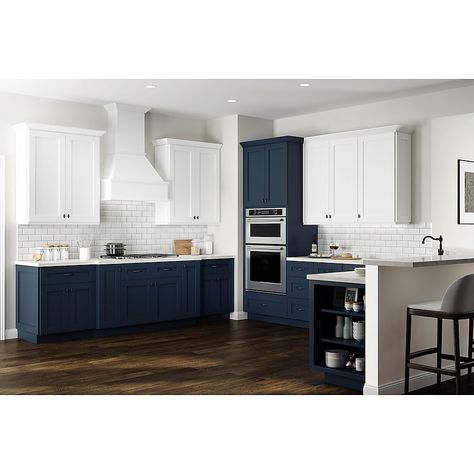 Luxxe Cabinetry Nevada 30-in W x 34.5-in H x 24-in D Mythic Blue Satin Door and Drawer Base Fully Assembled Semi-custom Cabinet (Shaker Door Style) in the Kitchen Cabinets department at Lowes.com Cabinet Fronts Styles, Blue Painted Door, Painted Sink, Kitchen Cabinet Accessories, Cabinet Molding, Blue White Kitchens, Shaker Door Styles, Semi Custom Cabinets, Blue Kitchen Cabinets