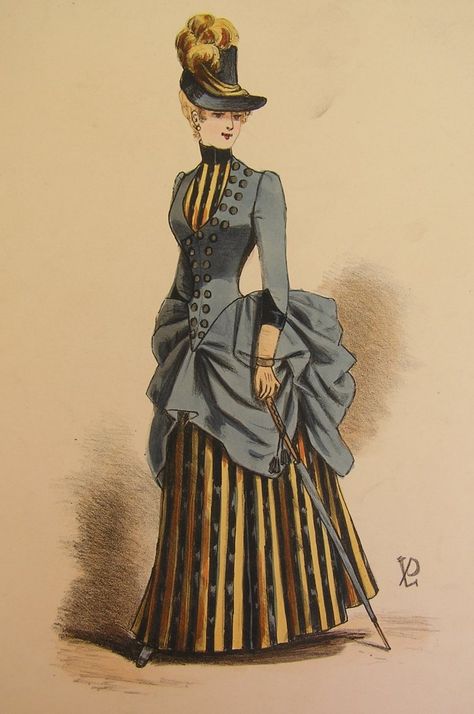 Loving the stripes!  Late 1880s 1880 Fashion, Victorian Era Fashion, 1890s Fashion, 1880s Fashion, Mode Retro, 1800s Fashion, Victorian Costume, History Fashion, 19th Century Fashion