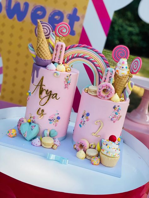 Two Sweet Birthday Cakes, Candyland Cake Design, Candy Land Cake Design, 2 Cakes Joined, Too Sweet 2nd Birthday Cake, Candyland First Birthday Party Girl, Four Ever Sweet Birthday Cake, Two Sweet Party 2nd Birthday Cake, Candy Land Cakes