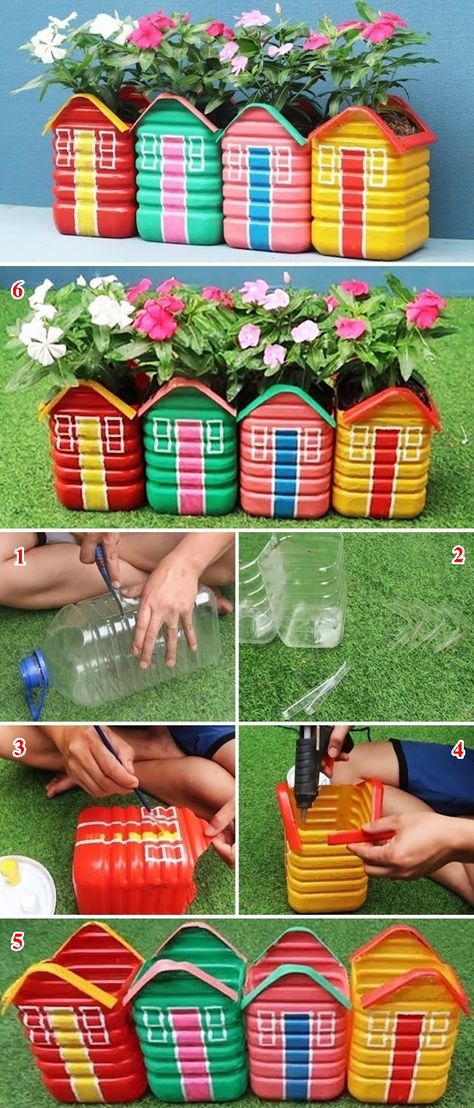 Plastic Container Crafts, Plastic Bottle Crafts Diy, Plastic Bottle Flowers, Diy Glass Bottle Crafts, Flower Pot Crafts, Diy Jar Crafts, Garden Crafts Diy, Diy Bottle Crafts, Plastic Bottle Crafts