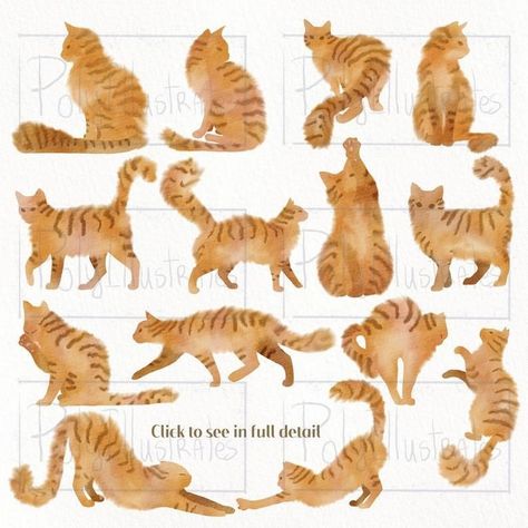 Whimsical Clip Art Cats: Illustrated Delights Ginger Cat Watercolor, Ginger Cat Art Illustrations, Ginger Cat Tattoo Designs, Ginger Cat Tattoo, Ginger Cat Illustration, Orange Cat Illustration, Orange Cat Tattoo, Ginger Cat Painting, Orange Cat Painting