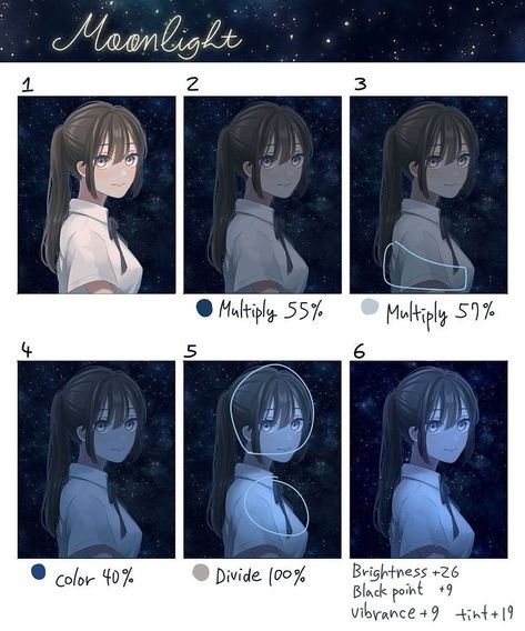 Moonlight Digital Art Tutorial, Digital Painting Lighting Tutorial, Lighting Coloring Tutorial, Nighttime Lighting Reference, Moon Lighting Reference, Night Lighting Tutorial Digital Art, Night Shading Tutorial, Digital Lighting Tutorial, Manhwa Coloring Tutorial