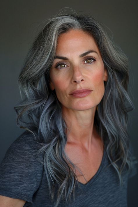 25 Gorgeous Salt And Pepper Hair Color Ideas Silver On Brown Hair, Graying Hair Highlights, Brown And Gray Hair, Brunette Grey Blending, Models Over 50, Gray Bangs, Gray Highlights Brown Hair, Framing Balayage, Artwork Placement