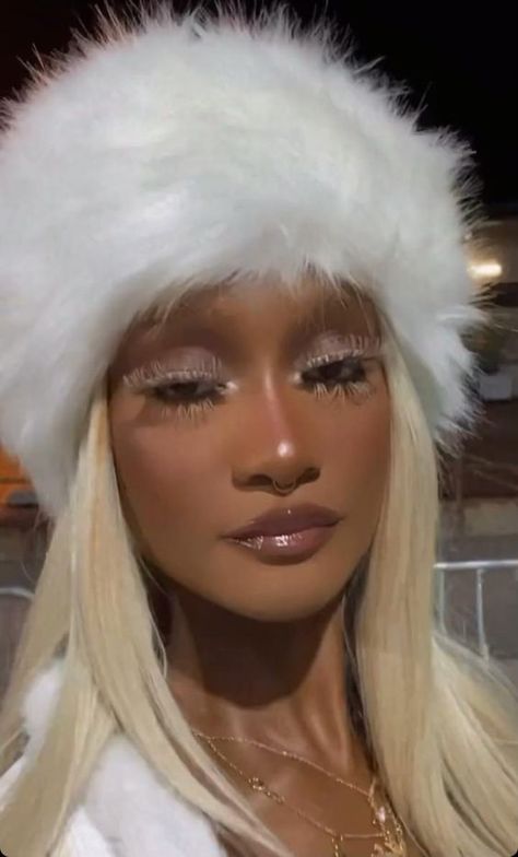 Icy Queen Halloween, Winter Makeup Looks Ice Queen Black Women, Frosty Makeup Black Women, Ice Princess Halloween Costume, I’m Cold Makeup Look Aesthetic, Icy Makeup Looks Black Women, Snow Girl Makeup, Snow Queen Photoshoot, Snow Bunny Makeup