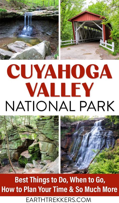 Cuyahoga Valley National Park travel guide: best things to do, when to visit, how many days do you need, where to stay, and more. Learn how to hike the Ledges Trail, see Brandywine Falls and Blue Hen Falls, bike along the towpath, and go for a ride on the Cuyahoga Valley Scenic Railroad. Earth Trekkers, Brandywine Falls, Travel Arizona, Cuyahoga Valley National Park, Ohio Travel, National Park Travel, Cuyahoga Falls, Bridal Veil Falls, Scenic Railroads