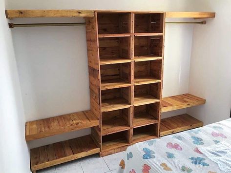 Clothing Shelf Ideas, Rustic Closet Ideas Small Spaces, Open Shelving In Bedroom For Clothes, Diy Pallet Closet Organizer, Building Walk In Closet In Bedroom, Diy His And Hers Closet, Diy Wooden Closet Shelves, Rooms Without Closets Ideas, No Closet Solutions Bedroom Diy