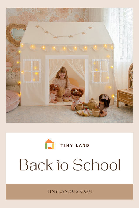 Child enjoying their imaginative playtime in Tiny Land's enchanting White Playhouse, the ideal summer accessory for fun-filled adventures. Canvas Playhouse, White Playhouse, Grandkids Playroom, Kids Playrooms, Polka Dot Curtains, Teepee Play Tent, Textured Fabrics, Future Room, Kids Tents