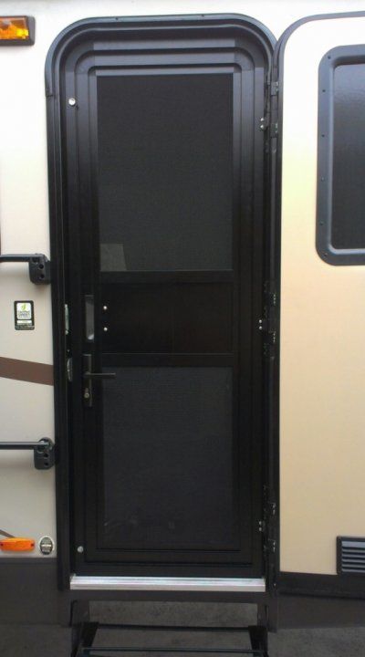 screen door security | The RV Forum Community Camper Screen Door Ideas, Rv Screen Door Ideas, Rv Door Ideas, Rv Security Ideas, Rv Door Makeover, Screen Door Replacement, Rv Screen Door, Metal Screen Doors, Cargo Trailer Camper Conversion