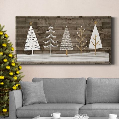 The Holiday Aisle® 'Christmas Trees' Painting Print on Wrapped Canvas | Wayfair Large Wood Signs Living Room, Christmas Fabric Wall Hangings, Painted Wood Christmas Signs, Farmhouse Christmas Wall Decor, Rustic Wood Christmas Tree, Winter Wooden Crafts, Christmas Wood Paintings, Pallet Christmas Projects, New Craft Ideas 2023