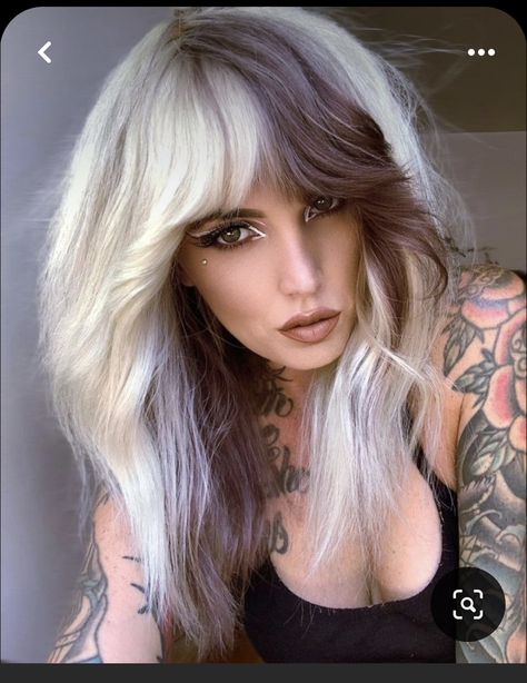 Shag Silver Hair, Platinum Blonde Hair With Black Peekaboo, Block Haircolor, Blonde Hair With Peekaboo Color, Fairy Hair Color, Colour Blocking Hair, Cosmo Hair, Edgy Blonde Hair, E Girl Hairstyles