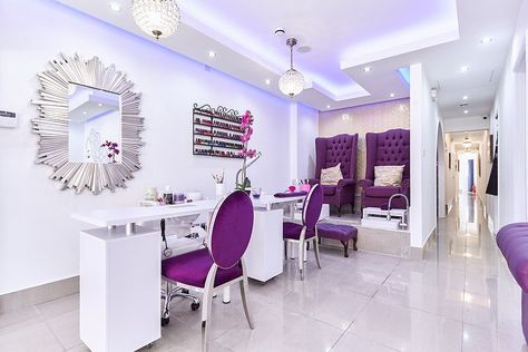 Beauty Shops Interior, Unisex Salon Interior Design, Hair Salon Ideas Stations, Beauty Beds Salon Covers, Purple Hair Salon Interior Design, Beauty Salon Kids Play, Beauty Salon Flex Design, Wall Paper For A Beauty Salin, Bars London