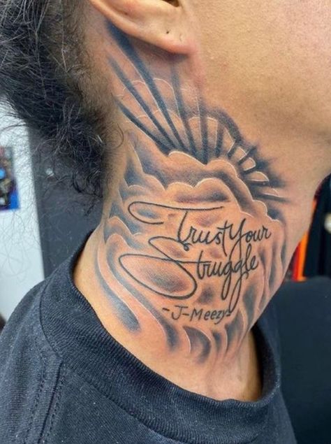 Rip Tattoos For Men Neck, Memorial Neck Tattoos For Men, Side Neck Tattoo For Guys Hood, Rare Neck Tattoo, Teen Boy Tattoo Ideas, Bottom Forearm Tattoo, Neck Tattoo For Guys Men, Creative Neck Tattoos, Best Neck Tattoos Men Design