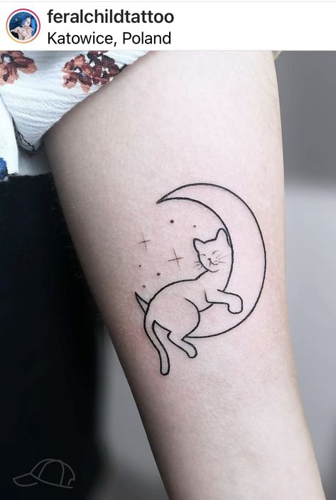 Cat And Moon Tattoo Simple, Cat On The Moon Tattoo, Cat And Stars Tattoo, Spiritual Cat Tattoo, Cat Sun Tattoo, Karma Is A Cat Tattoo, Luna Cat Tattoo, Cat Tattoos Simple, Cat On Moon Tattoo