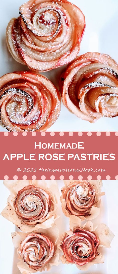 Recipe for cinnamon apple rose dessert with puff pastry or mini rose apple pies. Helpful tips to avoid common problems like uncooked dough in center. Rose Puff Pastry, Dessert With Puff Pastry, Apple Recipes With Puff Pastry, Apple Rose Pastry, Apple Rose Pie, Rose Dessert, Apple Rose Tart, Puff Dessert, Puff Pastry Recipe