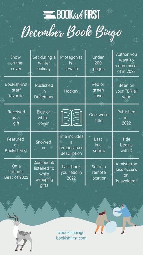 A bingo board with a dark teal background with images of snow, trees, a deer, and people building a snowball. The prompts are all bookish and related to reading challenges. Winter Book Bingo, December Book Bingo, Books To Read In December, Christmas Reading Challenge, December Tbr Template, December Book Club Ideas, Tbr Prompts, Winter Reading Challenge, Bookish Bingo