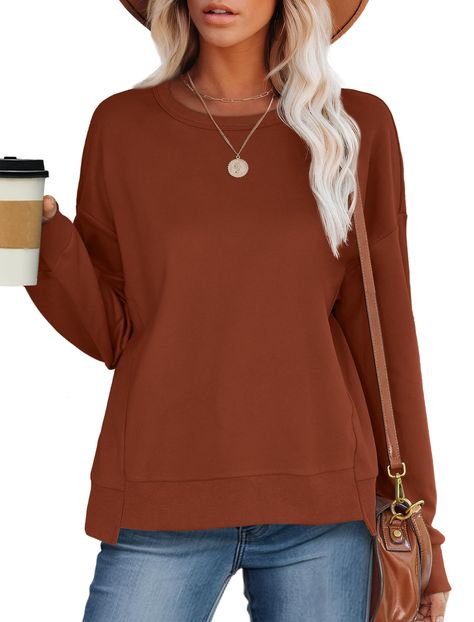 PRICES MAY VARY. Womens Tops in Daily Loose Style：This basic short-sleeve v-neck shirt is designed to be comfortable and relaxed, allowing for easy movement and breathability. Versatile Wardrobe Staple: Dress it up for a night out or pair it with your favorite jeans or leggings for a chic and effortless look. It can easily transition from day to night. Shirt Body Type：Cropped Sweatshirt. Regular loose fit shirts. Occasion: Cropped sweatshirt for women, perfect for street wear, casual daily wear, Fall Tunics, Plus Size Pullover, Sweatshirt For Women, Womens Long Sleeve Shirts, Long Sleeve Tee Shirts, 가을 �패션, Crop Sweatshirt, Side Split, Womens Fall