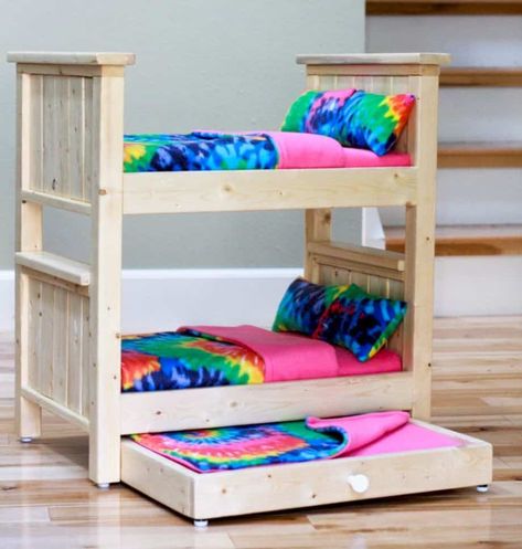 Barbie bunk beds with a trundle bed - WonderfulDIY.com Doll Bunk Beds, American Girl Diy, American Girl Doll Furniture, American Girl Doll Diy, Doll Closet, American Girl Doll Crafts, Diy Barbie Furniture, American Girl Crafts, Doll Beds