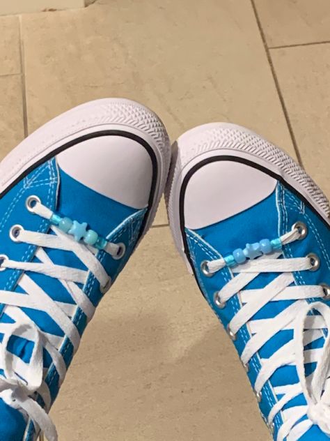 Blue Converse Embroidery, Converse Blue Outfit, Converse With Beads On Laces, Beads On Converse, Converse Beads, Blue Converse Aesthetic, Beaded Converse, Indie Converse, Blue Converse Outfit