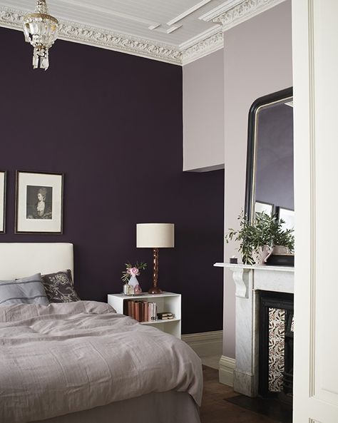 anneroselt.com Aubergine Walls Bedroom, Dark Purple Accent Wall Bedroom, Dark Purple Bedroom Walls, Purple Bedroom Accents, Amethyst Bedroom, Aubergine Living Room, Plum Accent Wall, Purple Wall Bedroom, Purple Bedroom Wall