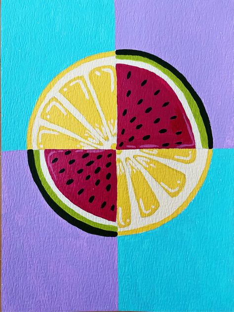 Easy Lemon Paintings On Canvas, Retro Easy Paintings, Painting Ideas Summer Vibes, Cute Easy Summer Paintings, Watermelon Canvas Painting, Easy Food Paintings, Summer Easy Paintings, Summer Painting Easy, Canvas Painting Ideas Summer