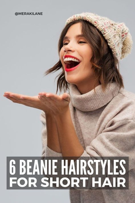 No matter your cold weather plans, here are 26 cute and easy hairstyles with beanies for winter, at every hair length! Beauty Winter Hat For Short Hair, How To Wear A Toque With Short Hair, Short Hair And Beanies Winter, Hairdo With Beanie, How To Style A Beanie With Curly Hair, Short Hair With Winter Hat, Beanie And Short Hair, Hats For Short Hair Women, Short Hair Winter Hat