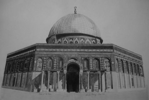 Dome of the Rock, one of my most impressive charcoal drawings Dome Of The Rock Sketch, Dome Of The Rock Drawing, Al Aqsa Mosque Drawing, Mosque Drawing, Fruit Art Drawings, Kutch Work Designs, Realistic Sketch, Mosque Art, Islamic Art Canvas