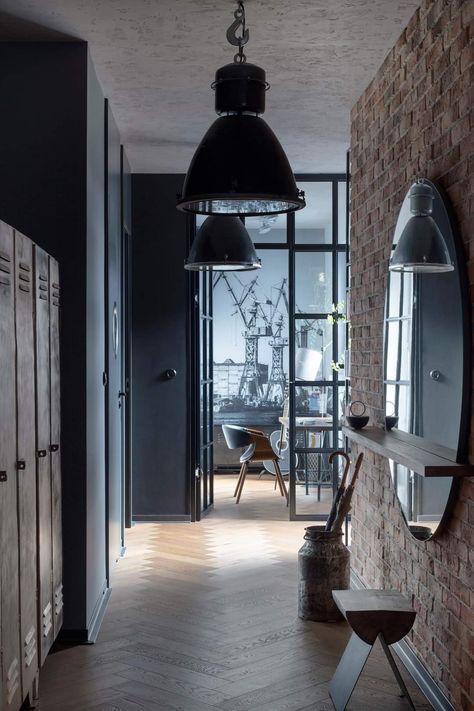 Industrial Style Hallway, Industrial Hallway, Loft Apartment Decorating, Industrial Loft Design, Modern Apartment Decor, Industrial Style Home, Brick Interior, Industrial Style Decor, Glass Doors Interior