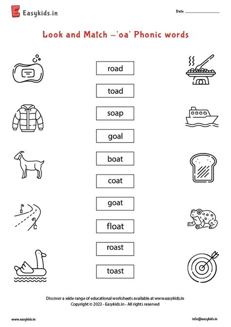 Look And Match -'oa' Phonic Words Worksheet 365 Oa Words Phonics, Oa Phonics Worksheet, Oa Sound Worksheets, Oa Words Worksheet, Oa Phonics, Oa Words, Phonic Sounds, Vowel Teams Worksheets, Words Worksheet