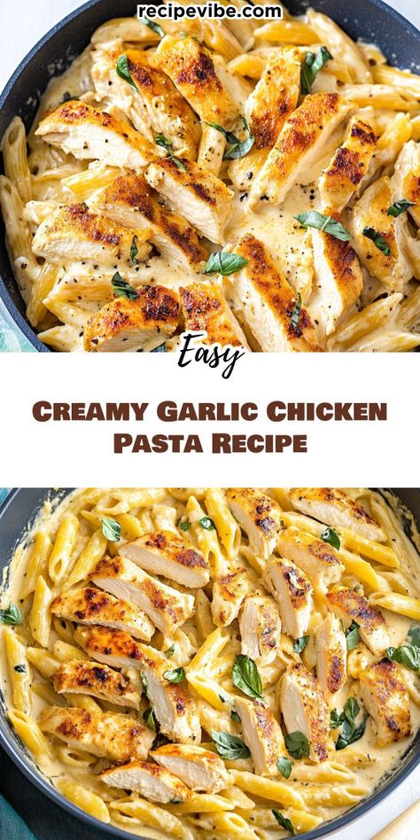 Want a quick and easy way to impress at dinner? This Creamy Garlic Chicken Pasta Recipe is not only delicious but also packed with nutrients for a balanced meal. Be sure to save this recipe for a healthy dinner you’ll want to make again! Creamy Chicken Noodle Pasta, Good Easy Dinner Ideas, Cheap Dinner Meals For Two, Easy Chicken Pasta Recipes Dairy Free, Pasta Recipes With Chicken Broth, Simple 30 Minute Meals Easy Dinners, One Pot Chicken Pasta Easy Dinners, Zesty Chicken Pasta, Creamy Noodles And Chicken