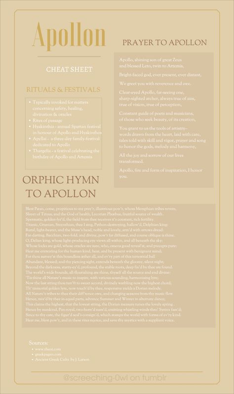 Apollo Cheat Sheet, Aphrodite Cheat Sheet, How To Worship Greek Gods, Apollo Deity, Apollo Worship, Apollo Altar, Lord Apollo, Hellenic Polytheism, Deity Work