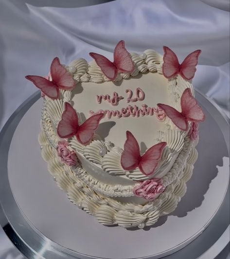 Aesthetic cakes, 20th birthday cake, 21st birthday cake, pink cake, coquette cake Heart Shaped Birthday Cake, Heart Birthday Cake, Bolo Vintage, 20 Birthday Cake, 3 Cake, Butterfly Birthday Cakes, 20 Something, Vintage Birthday Cakes, Heart Cakes