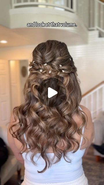 BRIDAL hair | HAIR STYLIST on Instagram: "Style my bride with me ✨ Half up Half down - products I used to create this look @kenraprofessional hot spray 20 & 25 @lalasupdos @lalastools texturizing crimper @bioionic 1 in curling iron @redken spray way @hairitagebymindy magic dust OSIS + styling cream Hair accessories @amazon • • • #hairtutorial #weddinghair #bridetobe" Silver Hair Vine, Gorgeous Braids, Blue Quince, Prom Hair Down, Up Dos For Medium Hair, Prom Hairstyles For Long Hair, Dresses Green, Bridesmaid Hair Down, Homecoming Hair Down