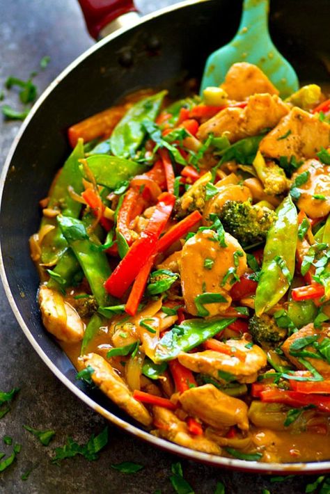 Peanut Satay Chicken, Peanut Satay, Satay Chicken, Satay Sauce, Peanut Chicken, Chicken Satay, Chicken Stir Fry, Vegetable Stir Fry, Stir Fry Recipes