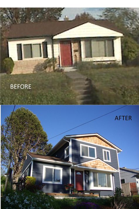 Before and after shot of a home in Seattle's Ballard neighborhood. Second-story addition by Flying Dormer. www.flyingdormer.com Bungalow Addition Second Story, Ranch Style Home Addition Ideas, Second Story Addition Before And After, 2nd Story Addition Before And After, Second Floor Addition Before And After, Exterior Remodel Before And After, Bungalow Addition, Second Floor Addition, Second Story Addition