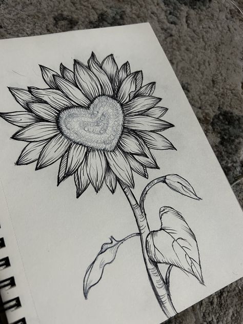 Sunflower Heart, Sunflower Drawing, Easy Love Drawings, Flower Art Drawing, Meaningful Drawings, Art Animation, Art Drawings Sketches Pencil, Easy Doodles Drawings, Easy Drawings Sketches