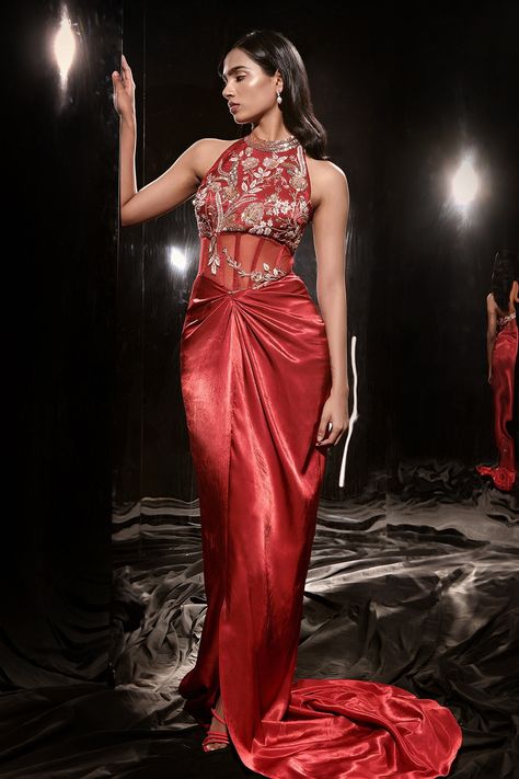 Shop for these amazing collections of Red Mashroo And Net Lining Shantoon Embroidery Floral Corset Gown For Women by Masumi Mewawalla online at Aza Fashions. Red Embroidered Dress, High Neck Gown, Embroidered Corset, Corset Gown, Drape Gowns, Draping Fashion, Gown For Women, Off Shoulder Gown, Saree Gown