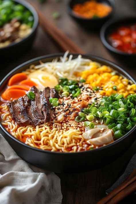 Bowl of ramen with sliced beef, boiled egg, corn, sliced carrots, green onions, bean sprouts, and seasoning. Steak Ramen Noodle Recipes Soup, Authentic Ramen Recipes Japanese Food, Ramen Ideas Instant, Spicy Ramen Recipes, Korean Ramen Recipes, Instant Ramen Noodle Recipes, Simple Ramen Recipes, Loaded Ramen, Kimchi Ramen Recipe