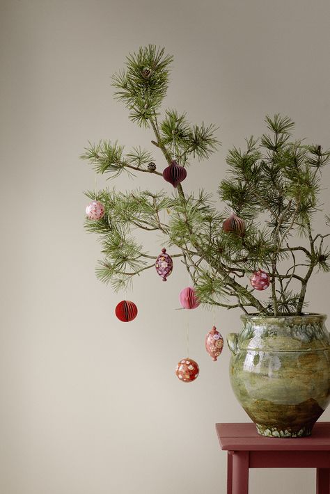 Large green stoneware pot with handles, shown with red paper baubles on spruce branches. Hand Painted Baubles, Painted Baubles, Hand Painted Bauble, Vase With Branches, Red Paper, Ceramic Vases, Christmas Box, Christmas 2024, Christmas Baubles