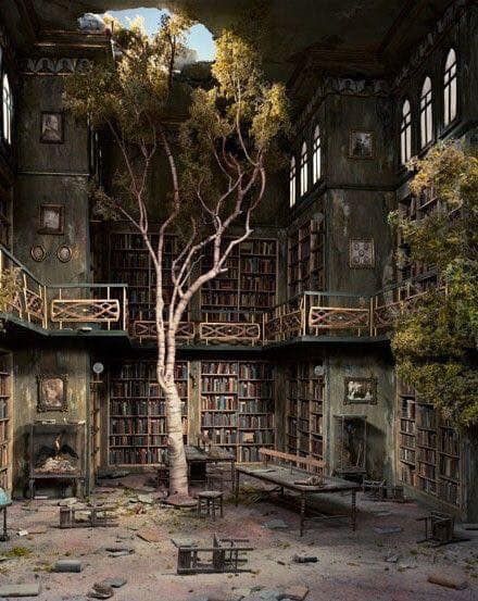 Abandoned Library, Fountains Of Wayne, Vintage Library, Abandoned House, Book Wallpaper, Sky Full, Abandoned Mansions, Miniature Model, Abandoned Buildings