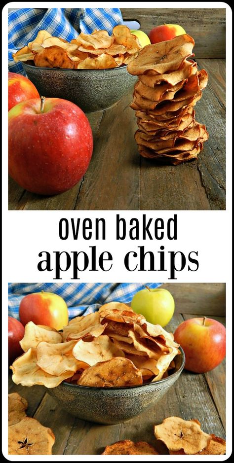 Oven Baked Apple Chips are crispy, crunchy sweet deliciousness, easy to make and perfect for a snack so good you won't even know it's healthy! #AppleChips #OvenAppleChips #HomemadeAppleChips Baked Apple Chips, Oven Baked Apple, Apple Chips Recipe, Baked Snacks, Healthy Snack Recipe, Easy Healthy Snack, Baked Apple Dessert, Cinnamon Apple Chips, Crunchy Snacks