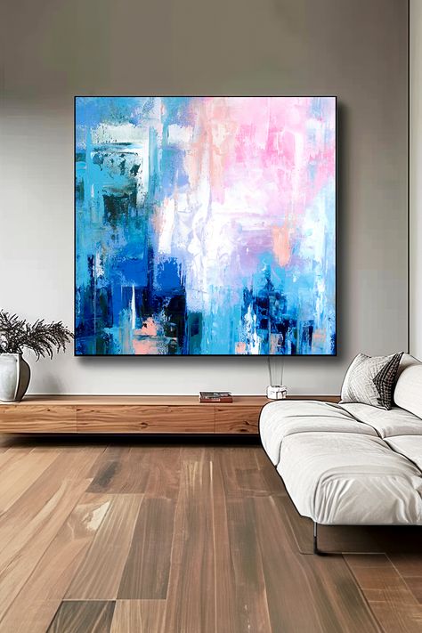 Original handmade blue and pink abstract painting with textured brushstrokes, creating a vibrant and contemporary wall art piece Pink Abstract Painting, Pink Abstract, Contemporary Home Decor, Contemporary Home, Blue And Pink, Brush Strokes, Abstract Painting, Original Artwork, Color Pop