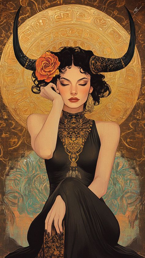 Taurus goddess in Mel Ramos style, exuding sensual charm and strength with vibrant colors and bold lines. Celebrate the beauty of this Earth sign! Taurus Art Goddesses, Taurus Horns, Taurus Illustration, Taurus Goddess, Dramatic Clothes, Taurus Art, Taurus Sun, Light Beings, Yellow Curry