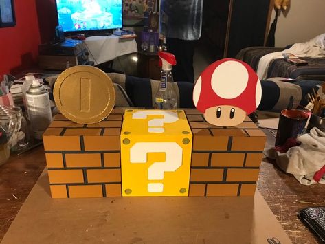 Mario Blocks Diy, Mario Trunk Or Treat, Mario Block, Paper Mario Color Splash, Mario Halloween Costumes, Princess Peach Party, Super Mario Bros Games, Super Mario Bros Birthday Party, Super Mario Bros Party